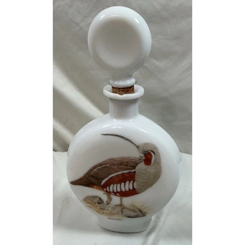 Field Birds Mountain Quail Milk Glass Whiskey Decanter Hand Painted By A. Singer